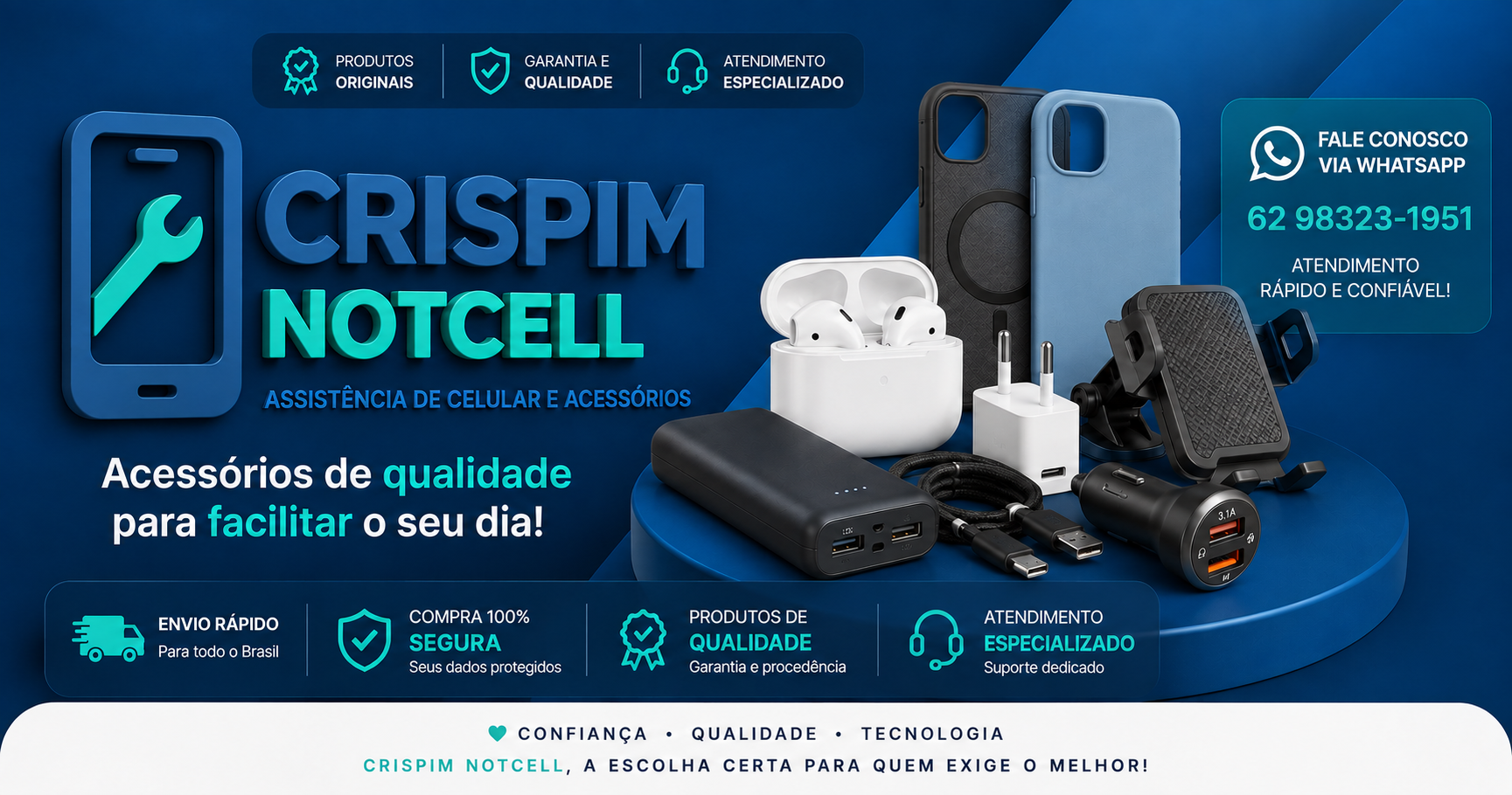Capa da Crispim Notcell com acessórios, informações de atendimento e WhatsApp